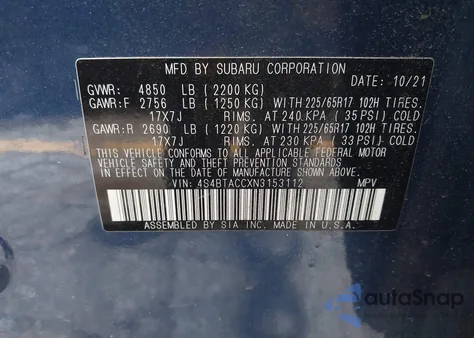 2022 Subaru Outback Premium z USA, uszkodzony, nr VIN 4S4BTACCXN3153112